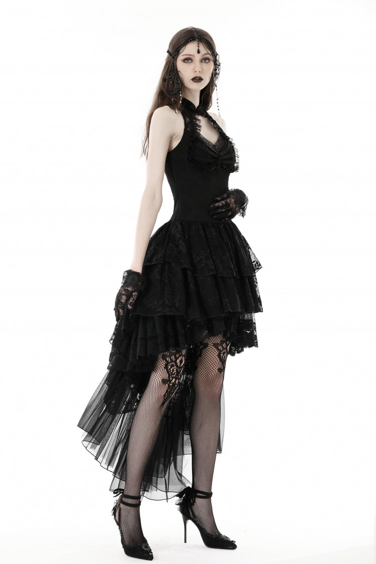 Black Off Shoulder Halterneck Sleeveless Irregular High Low Multi-Layered Lace Women's Gothic Dress - Product - 2