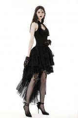 Black Off Shoulder Halterneck Sleeveless Irregular High Low Multi-Layered Lace Women's Gothic Dress - Product - 2
