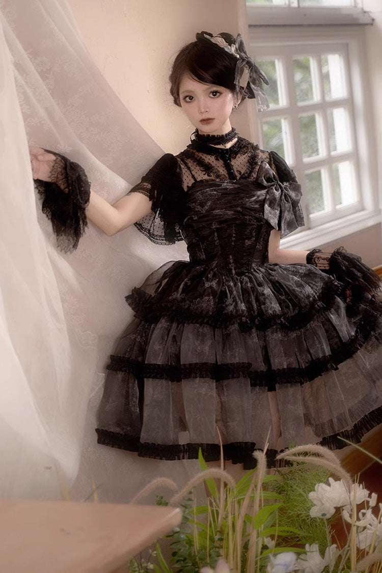 Black Multi-layer Butterfly Print Bowknot Lace Fish Bone Gothic Lolita Jsk Dress - Product - 9