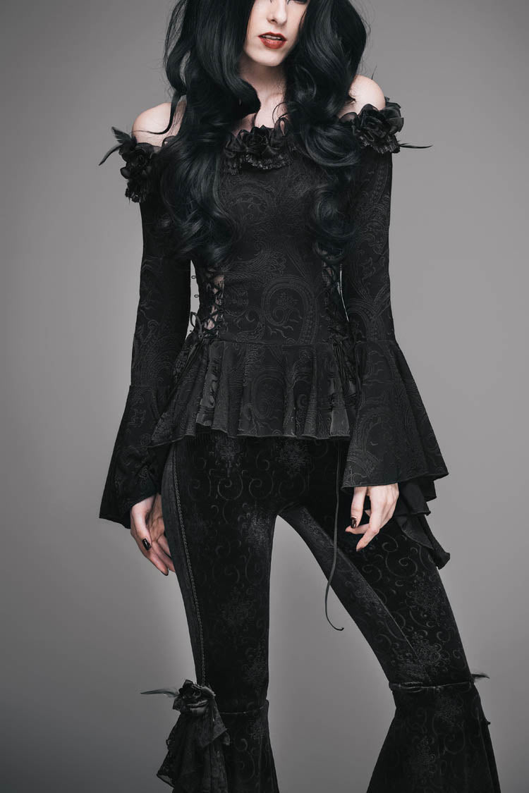 Black Knit One-Word Shoulder Rose Decoration Collar Waist Side Splice Lace Up Flare Sleeve Women's Gothic Shirt - Black - 1