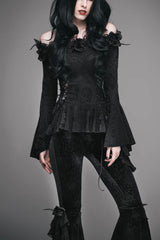 Black Knit One-Word Shoulder Rose Decoration Collar Waist Side Splice Lace Up Flare Sleeve Women's Gothic Shirt - Black - 1