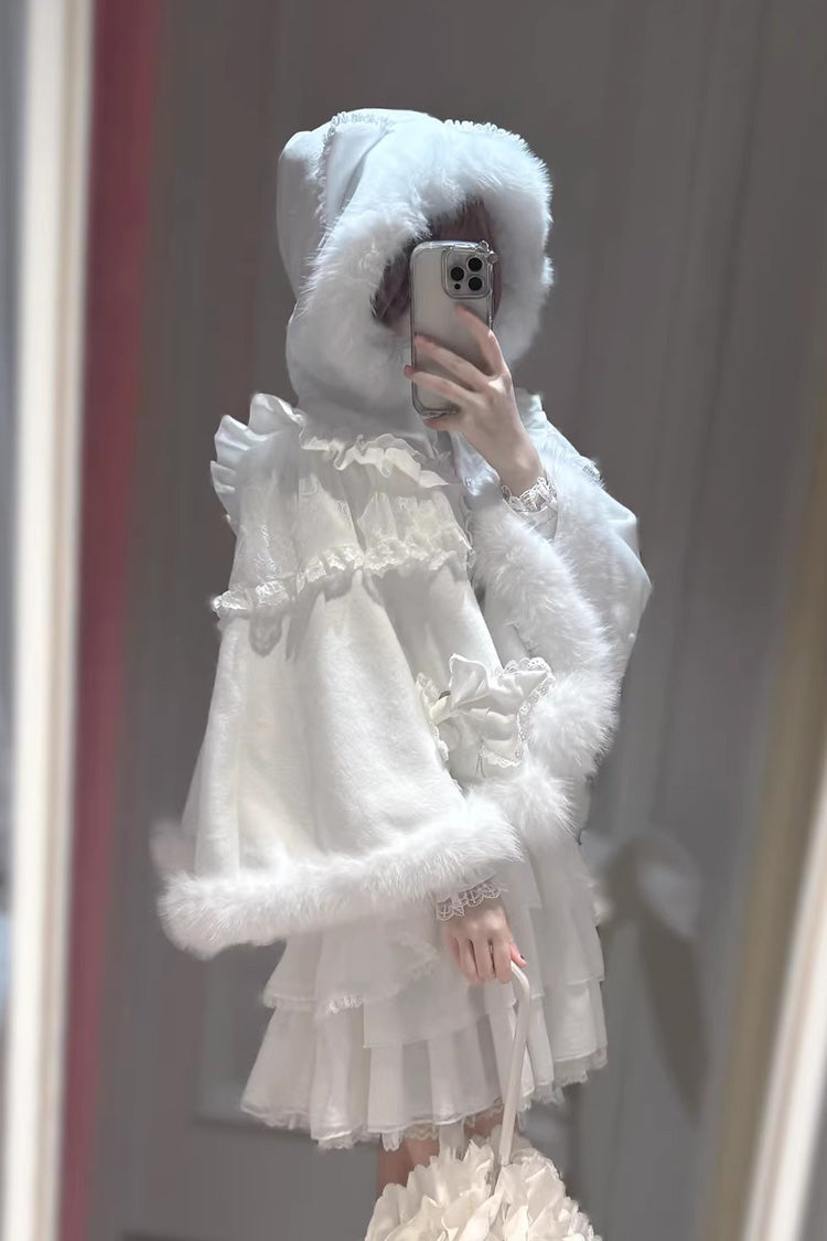 White [Snow Season Love Letter] Long Sleeves Multi-Layered Ruffled Bow Sweet Jirai Kei Lolita Skirt Set - Product - 2
