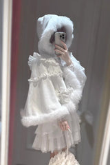 White [Snow Season Love Letter] Long Sleeves Multi-Layered Ruffled Bow Sweet Jirai Kei Lolita Skirt Set - Product - 2
