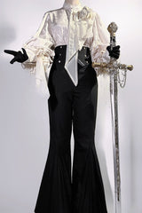 Black [The Rose and the Sword] Stand Collar Long Puff Sleeves Ruffled Embroidered Bow Classic Gothic Prince Ouji Lolita Pants Set - Product - 6