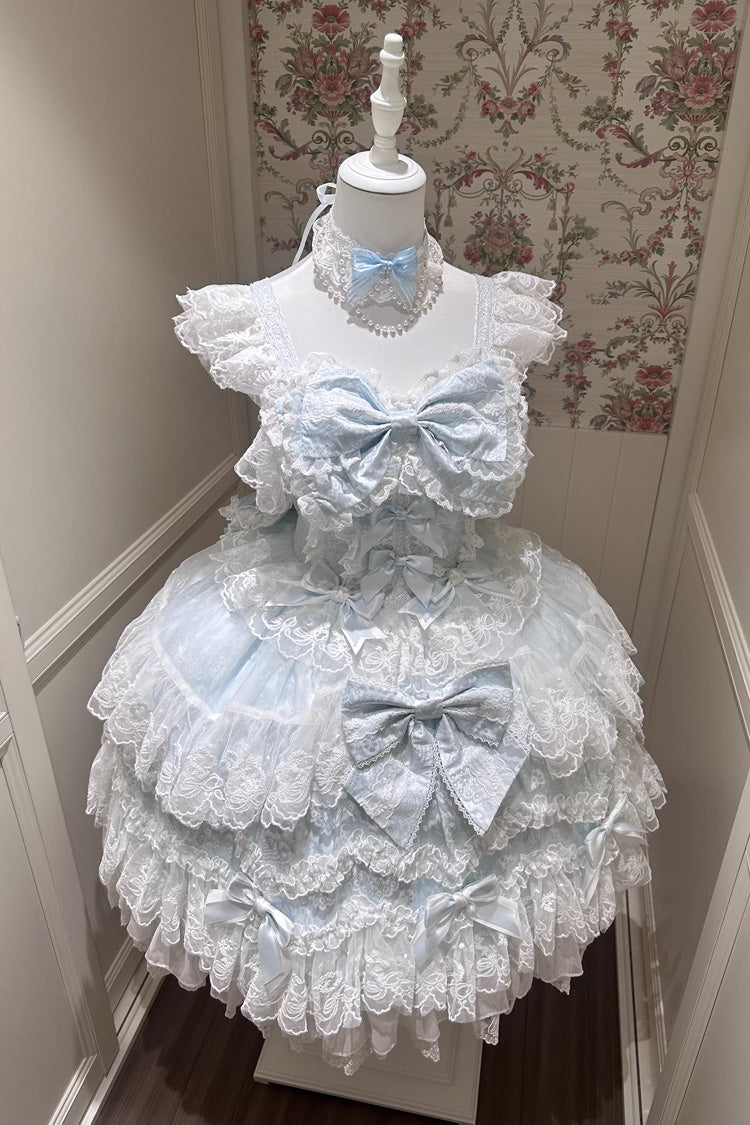 Blue [Sakura Dream Romance] Sleeveless Multi-Layered Ruffled Hanayome Bow Lace Sweet Princess Lolita Jsk Dress - Product - 10