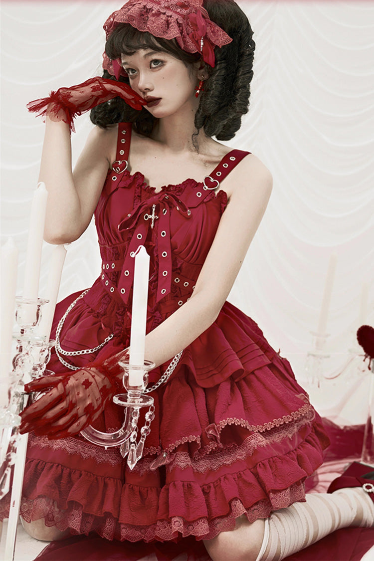 [Covenant Cross] Sleeveless Triple-Layered Ruffle Bowknot Lace-Up Gothic Lolita Jsk Dress 6 Colors - Red - 14