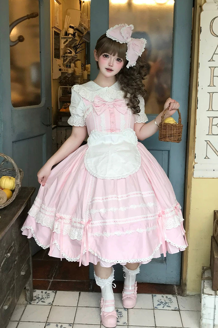 Pink [Petal Bunny] Cotton Sleeveless Ruffled Bow Lace Sweet Elegant Lolita Jsk Dress - Pink - 1