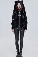 Black Punk Cuff Pleated Design Metal Five-Pointed Star Shape Belt Decoration Cat Ear Women's Coat - Black - 1