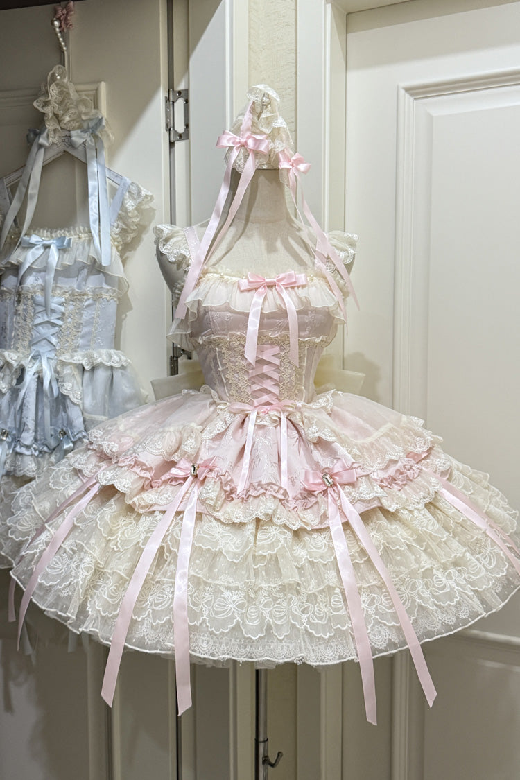 Pink [Ribbon Heart Love] Sleeveless Multi-Layered Ruffle Bowknot Lace Lace-Up Sweet Princess Ballet Lolita Jsk Dress - Pink - 1