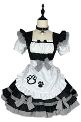 Black/White Plus Size Short Sleeves Cat Paw Print Sweet Lolita Maid Dress - Product - 3