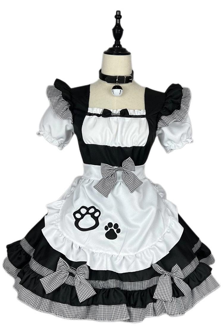 Black/White Plus Size Short Sleeves Cat Paw Print Sweet Lolita Maid Dress - Product - 3