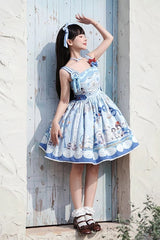 Blue [Penguin Navy] Print Ruffle Bowknot Sweet Princess Lolita Jsk Dress - Blue - 1