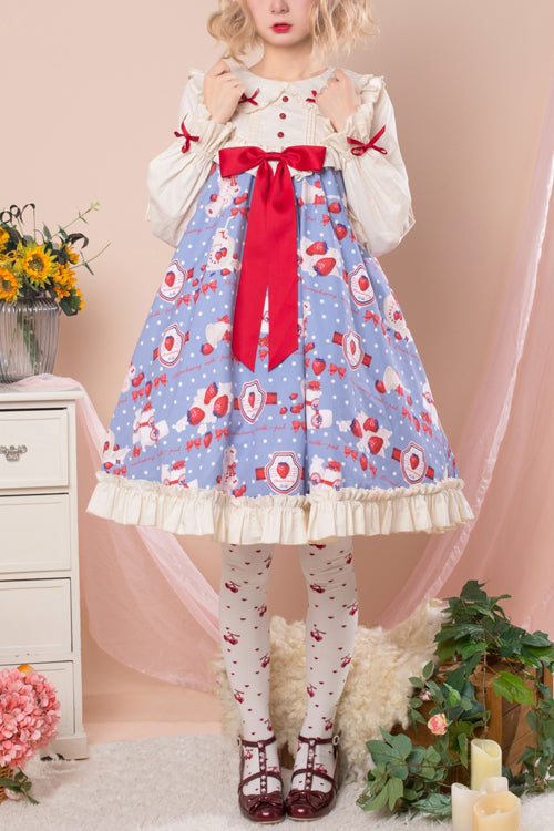 Round Collar High Waist Strawberry Milk Jar Printed Sweet Lolita OP Dress - Blue - 1