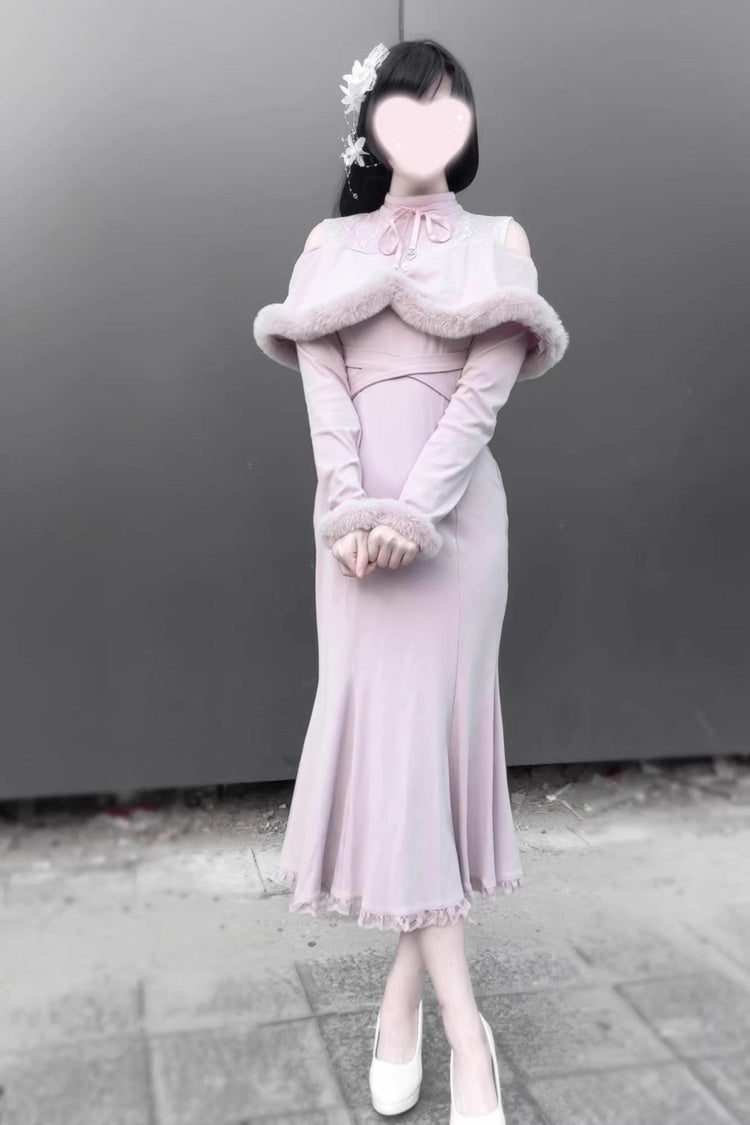 Jirai Kei Stand Collar Off Shoulder Long Sleeves Embroidered Lace Sweet Japanese Fishtail Dress 2 Colors - Product - 11