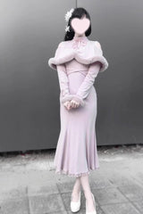 Jirai Kei Stand Collar Off Shoulder Long Sleeves Embroidered Lace Sweet Japanese Fishtail Dress 2 Colors - Product - 11
