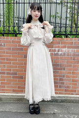 White Stand Collar Off Shoulder Long Sleeves Hollow Bowknot Slim Jirai Kei Japanese Dress - Product - 8