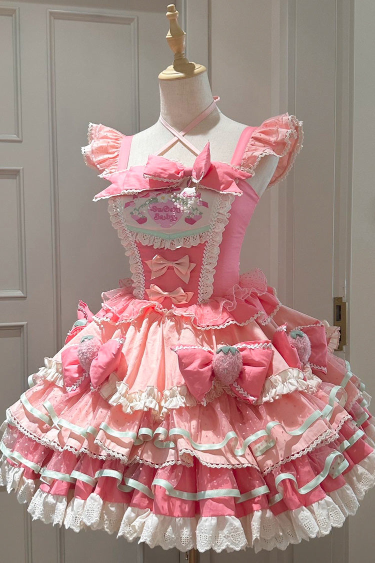 Pink Multi-Layered [Cream Strawberries] Print Ruffle Bowknot Sweet Lolita Tiered Dress - Pink - 1