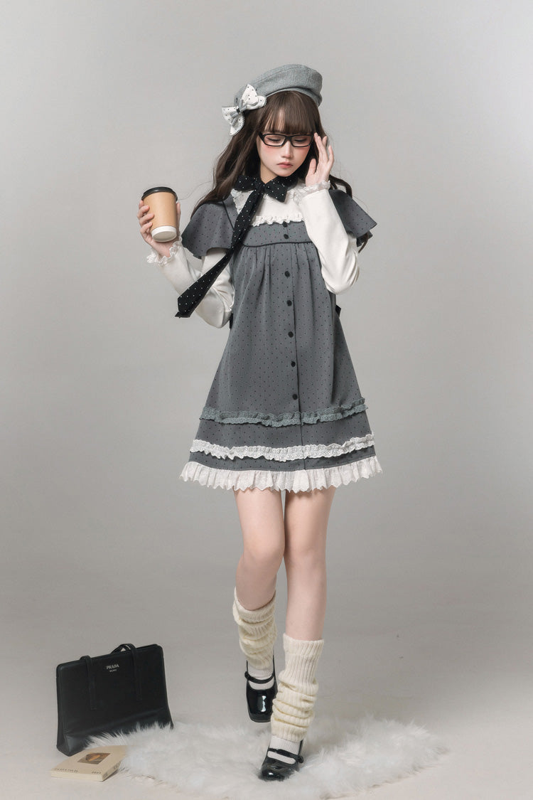 Grey Square Collar Long Sleeves Polka Dot Printed Ruffled Sweet Lolita Dress - Product - 7