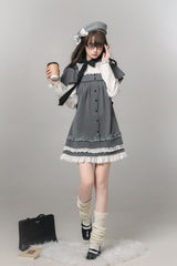 Grey Square Collar Long Sleeves Polka Dot Printed Ruffled Sweet Lolita Dress - Product - 7