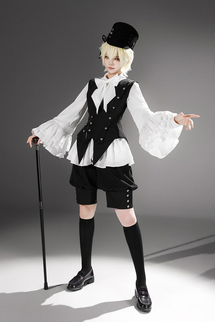 Black [Ash] Lapel Collar Long Sleeves Ruffled Bow Classic Vintage Elegant Prince Ouji Lolita Blouse Shorts Vest Set - Product - 4