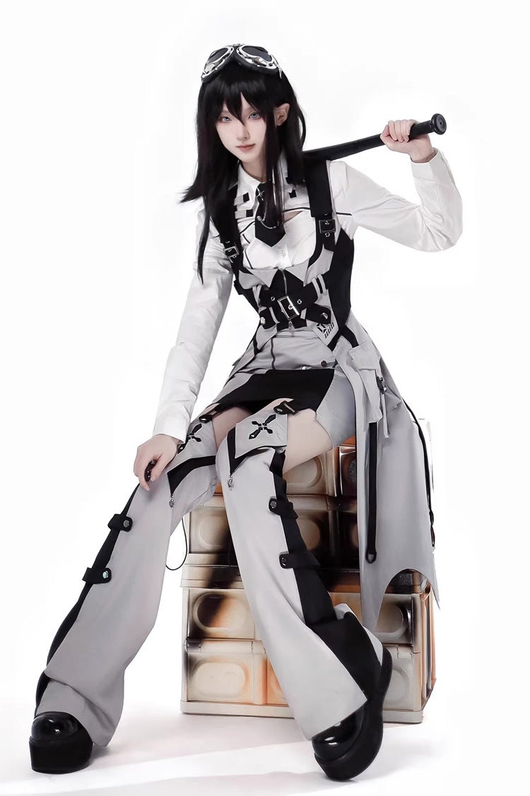 Black/White Long Sleeves Color Matching Handsome Sci-fi Lolita Skirt Set - Product - 9