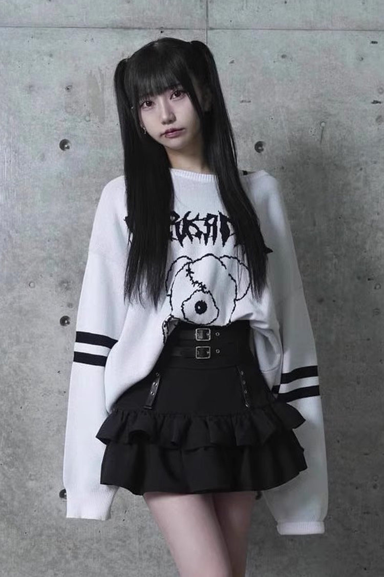 Black High Waisted Ruffle Leather Buckle Gothic Jirai Kei Japanese Skirt - Black - 1