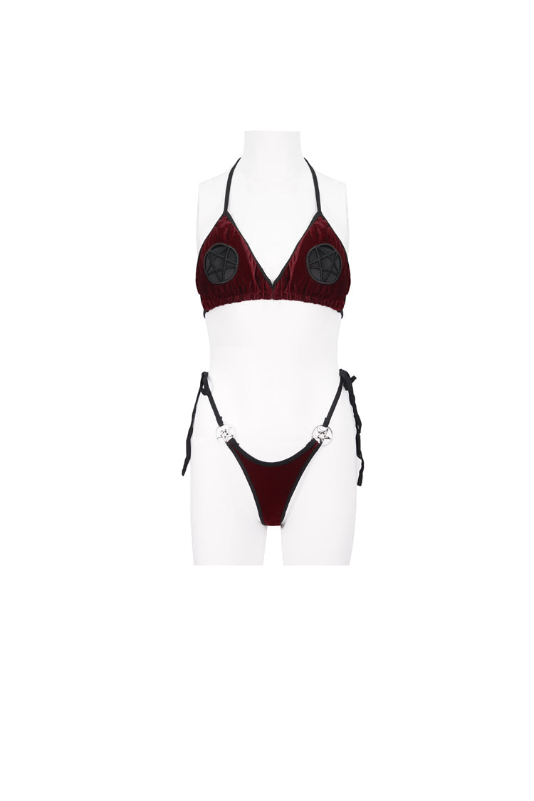 Red Velvet Stretch Sexy Cutout Pentagram Women's Gothic Swimsuit Set - Product - 7