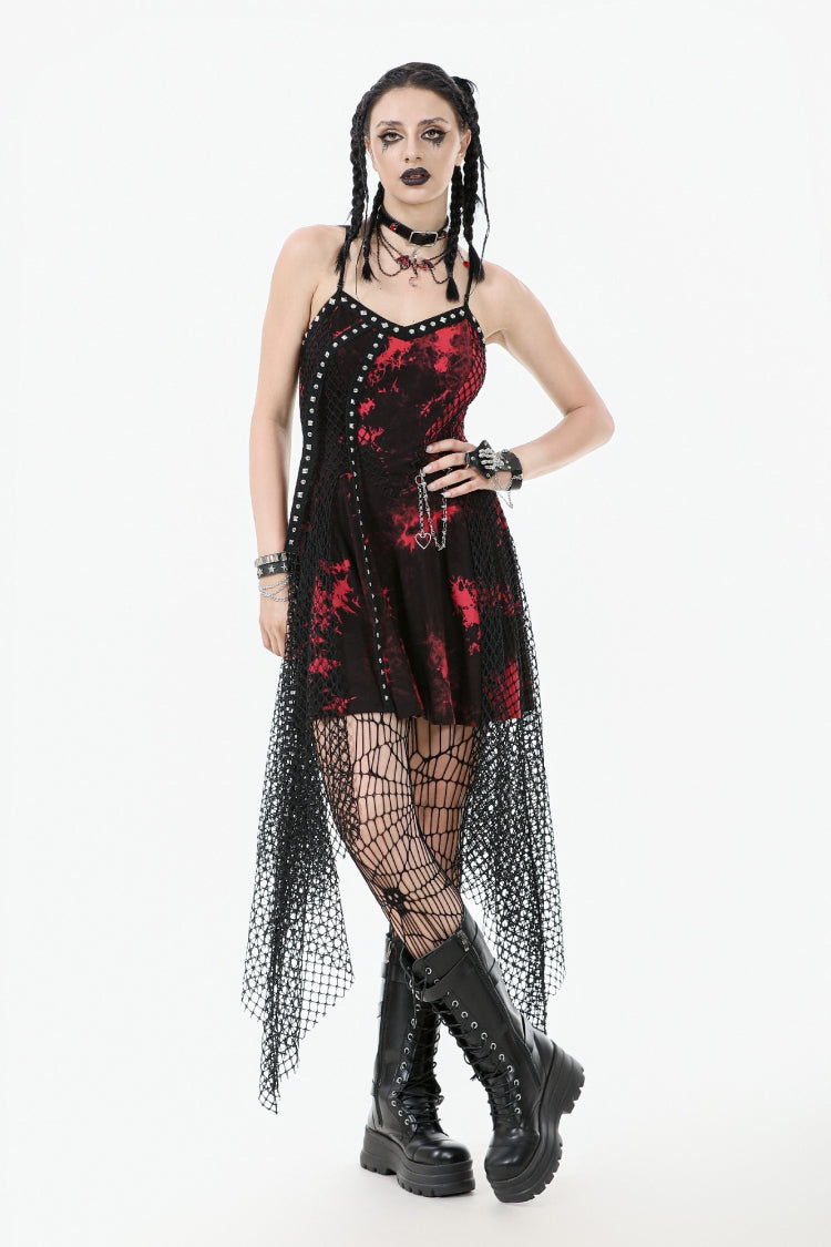 Red Sleeveless Mesh Hem Asymmetric Tie-dyed Women's Punk Slip Dress - Red - 1