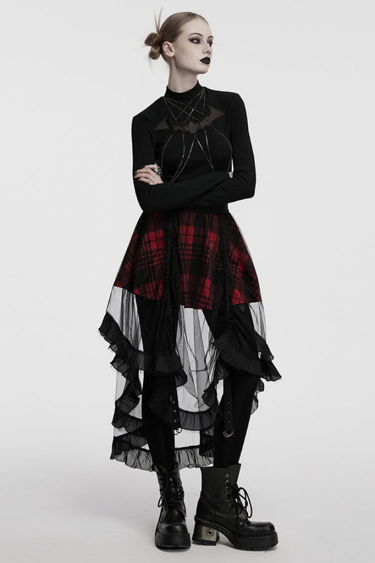Black/Red Ruffle Stitching Mesh Plaid High/low Women's Gothic Skirt - Product - 4