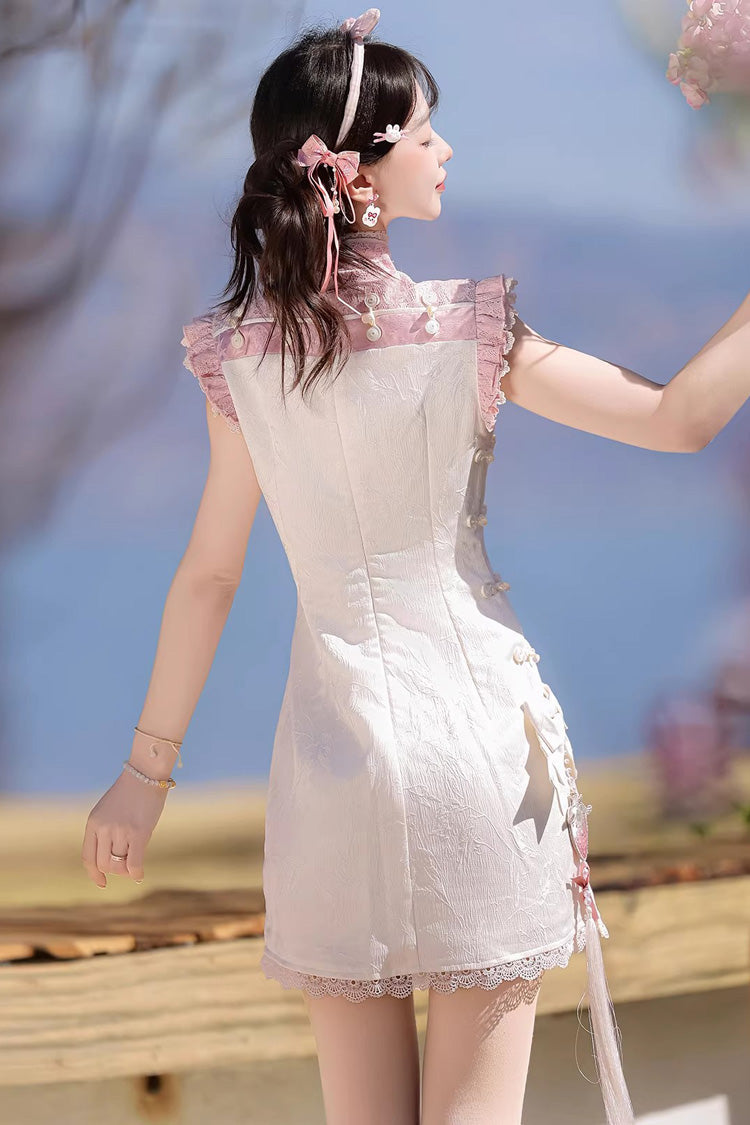 White/Pink [Spring Strawberry] Stand Collar Ruffled Embroidered Lace Color-Blocked Chinese Style Sweet Lolita Dress Cheongsam - Product - 6