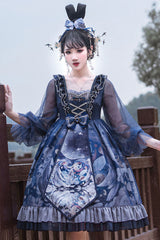 Dark Blue Unicorn Print Long Sleeves High Waisted Ruffled Classic Lolita OP Dress - Product - 2