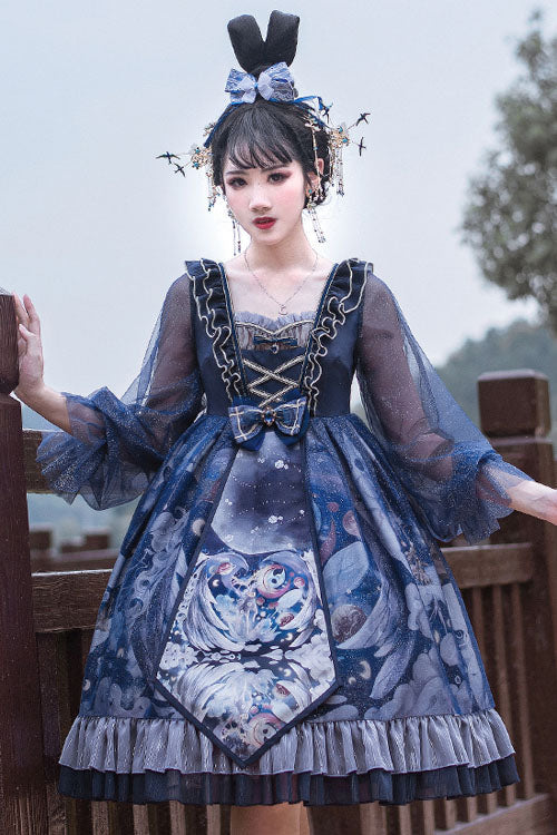 Dark Blue Unicorn Print Long Sleeves High Waisted Ruffled Classic Lolita OP Dress - Product - 2