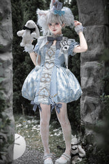 Blue [Dedicated to Alice] Square Collar Short Sleeves Jacquard Printed Ruffled Bow Sweet Lolita Dress Set - Product - 2