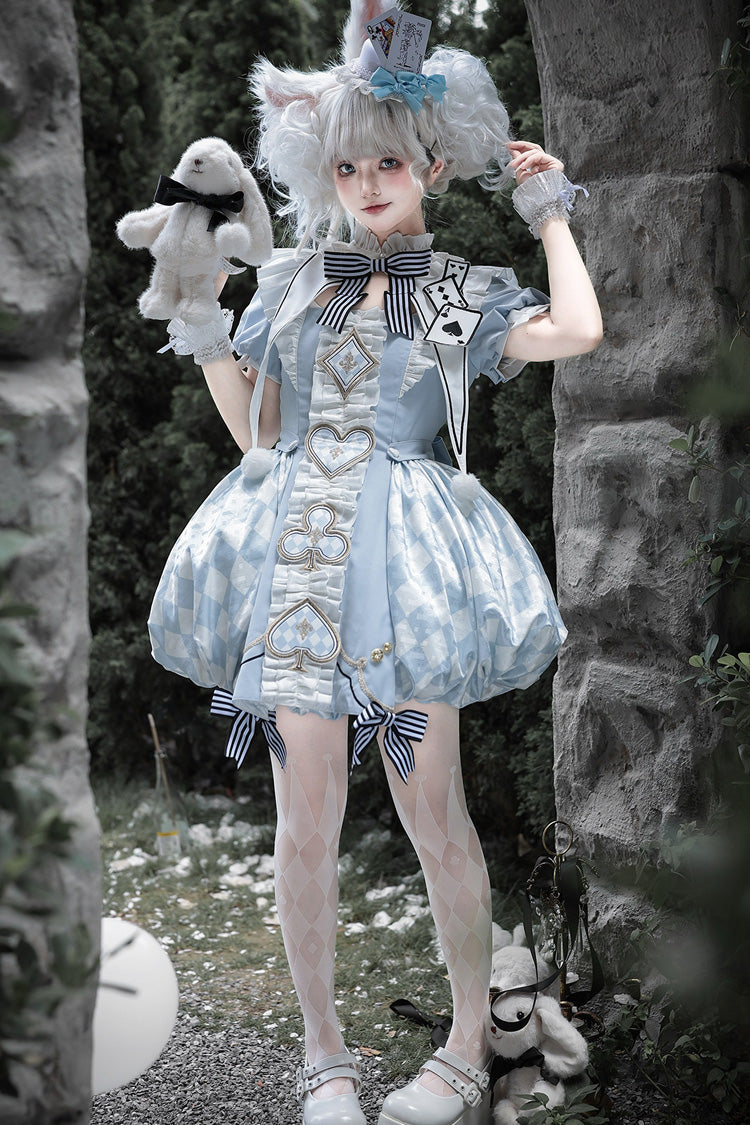 Blue [Dedicated to Alice] Square Collar Short Sleeves Jacquard Printed Ruffled Bow Sweet Lolita Dress Set - Product - 2