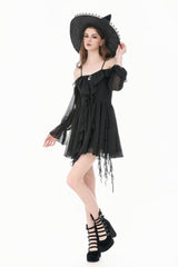 Black Moon Charm Off Shoulder Long Puff Bishop Sleeves Layered Ruffled Hem Women's Gothic Slip Dress - Product - 9