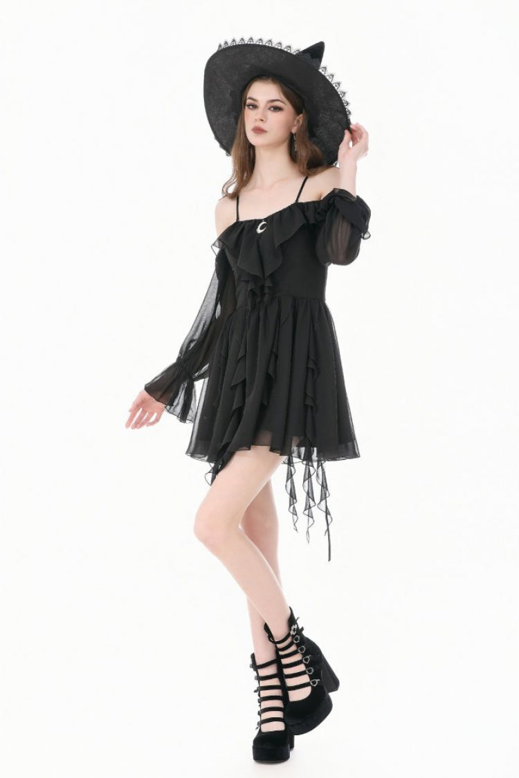 Black Moon Charm Off Shoulder Long Puff Bishop Sleeves Layered Ruffled Hem Women's Gothic Slip Dress - Product - 9