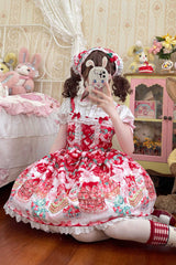 Red [Strawberry Cocoa Jam] Sleeveless Print Ruffle Bowknot Lace Sweet Lolita Jsk Dress - Product - 3