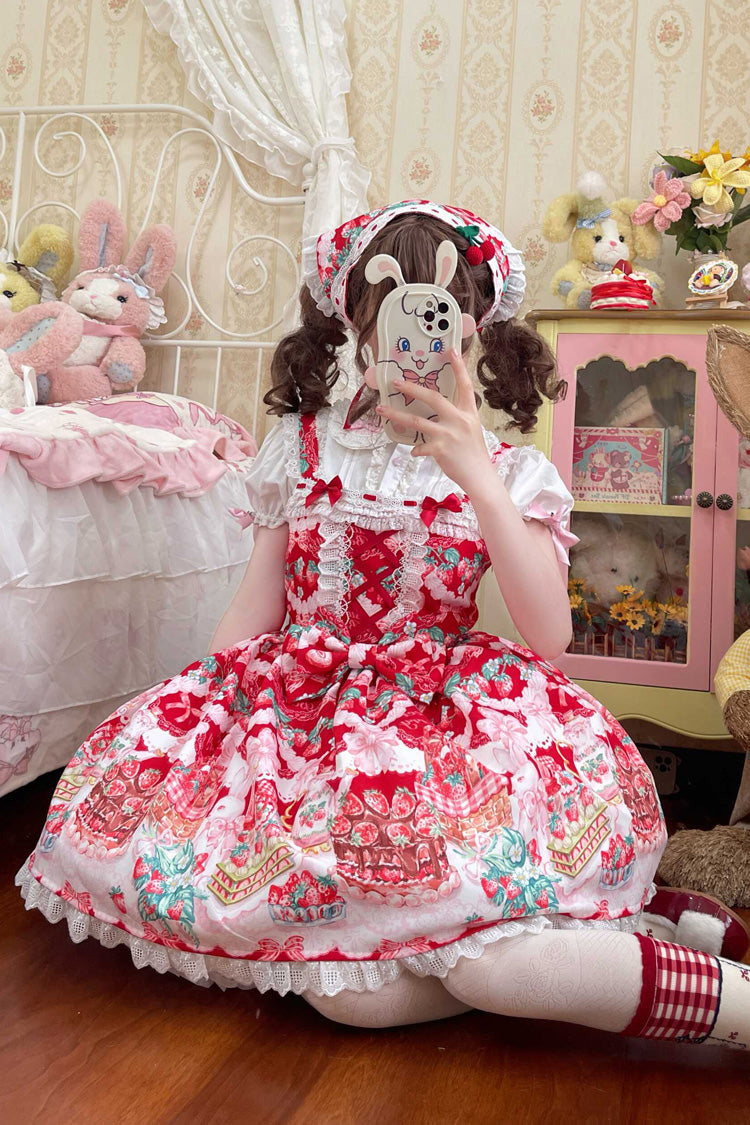 Red [Strawberry Cocoa Jam] Sleeveless Print Ruffle Bowknot Lace Sweet Lolita Jsk Dress - Product - 3