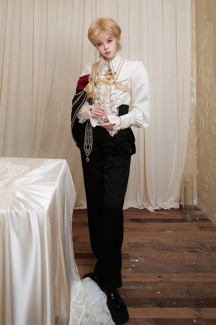 Black/White [Oath Knight] Lapel Collar Long Sleeves Ruffled Embroidered Gothic Ouji Lolita Set - Product - 8