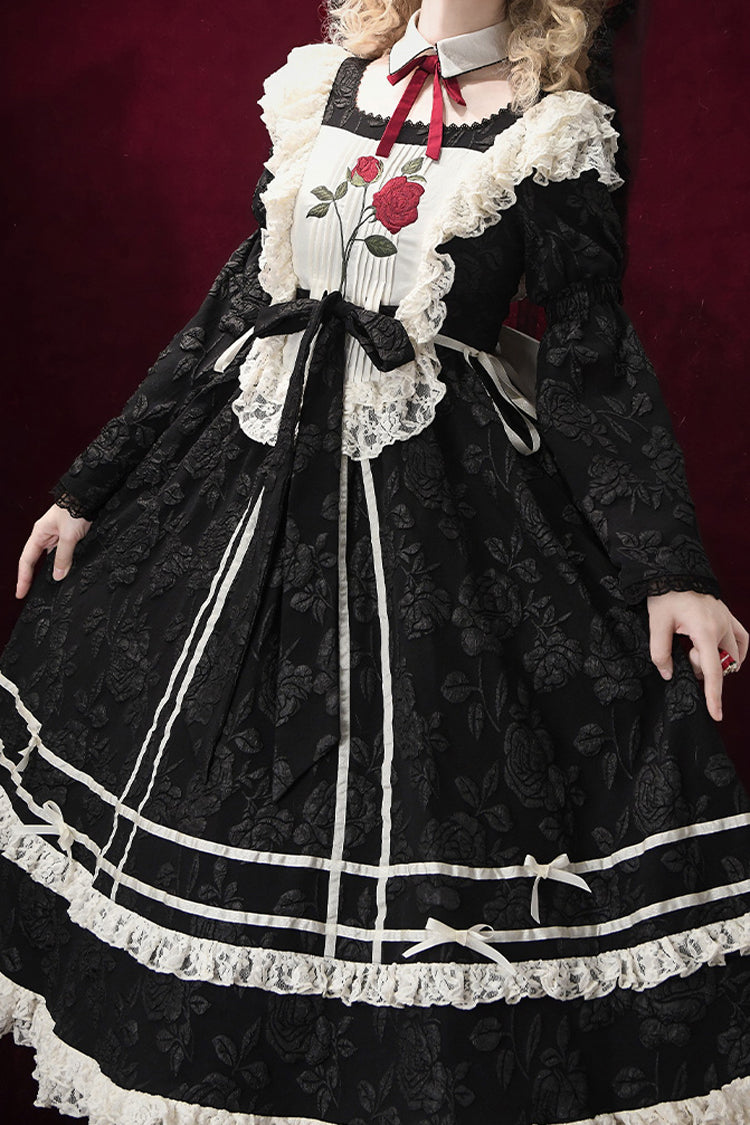 Black [Rose Choir] Double-Layered Ruffle Embroidery Bowknot Lace Gothic Elegant Nun Lolita Dress - Product - 10