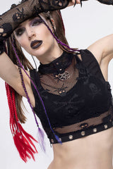 Black Gothic Cotton Knitted Fabric Fake Two-Piece Small Stand Up Collar Patchwork Skull Mesh Super Short Women's Vest - Product - 4