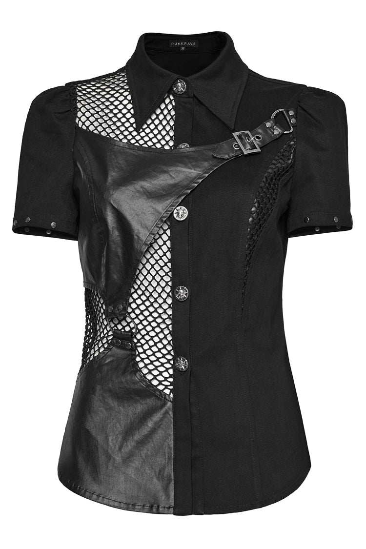 Black Twill Woven Short Sleeves Hollow Leather Stitching Womens Steampunk Blouse - Product - 6