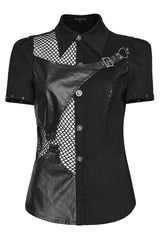 Black Twill Woven Short Sleeves Hollow Leather Stitching Womens Steampunk Blouse - Product - 6