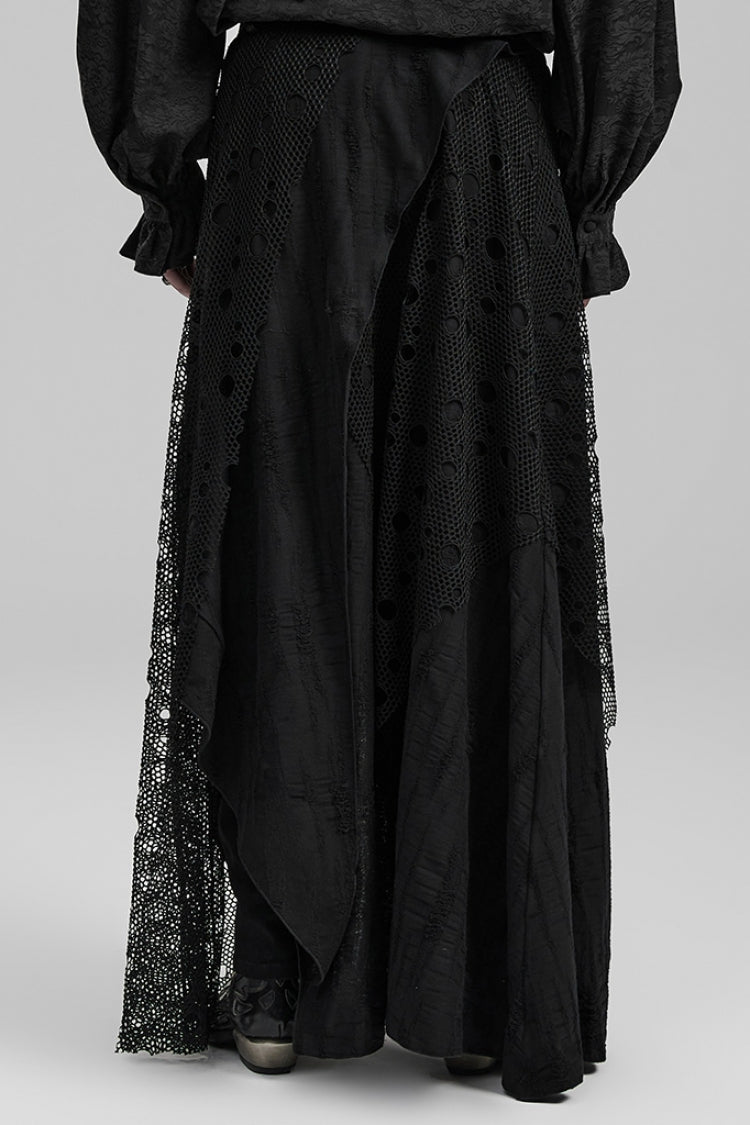 Black Stitching Irregular Mesh Ripped Men's Gothic Long Skirt - Product - 3