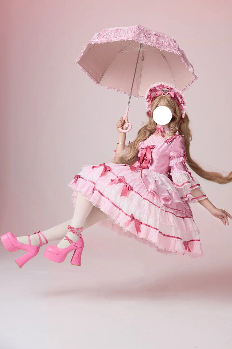 Pink [Velvet Cake] Long Trumpet Sleeves Multi-Layered Ruffle Bowknot Lace Sweet Lolita Dress - Product - 2