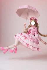 Pink [Velvet Cake] Long Trumpet Sleeves Multi-Layered Ruffle Bowknot Lace Sweet Lolita Dress - Product - 2