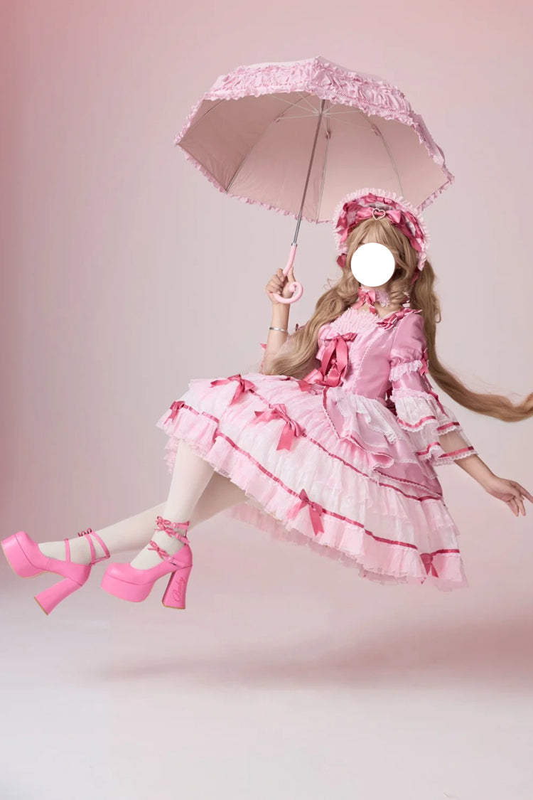 Pink [Velvet Cake] Long Trumpet Sleeves Multi-Layered Ruffle Bowknot Lace Sweet Lolita Dress - Product - 2