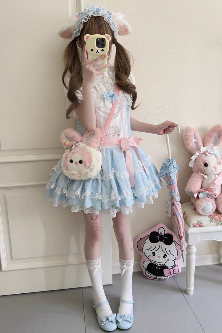 Blau, ärmellos, doppellagig, mit Rüschen, Kaninchen-Stickerei, Schleife, Spitze, süß (Kleid einzeln), Detailansicht 4