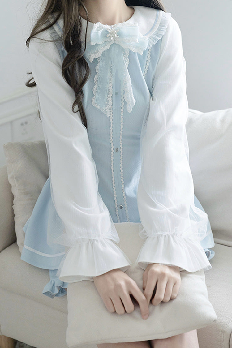 Blue Long Sleeves Ruffle Bowknot Lace Sweet Jirai Kei Dress Set - Product - 6