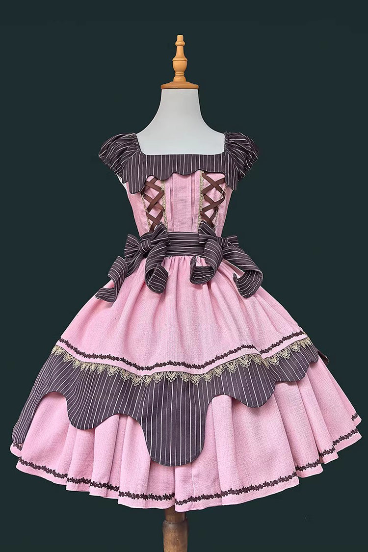 [Strawberry and Mint Chocolate] Double-Layered Printed Bow Lace-Up Irregular Sweet Lolita Dress 2 Colors - Product - 3